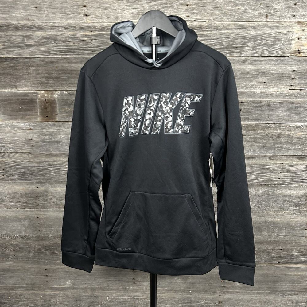 Nike Therma-Fit Hoodie Sweatshirt Men Small Black Gray Camo Spell Out Athletic